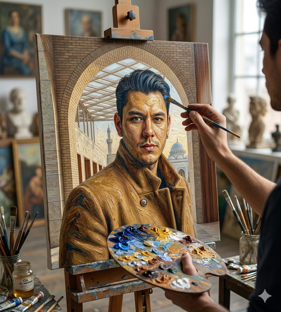A majestic oil portrait of the DeHub owner in a classic…