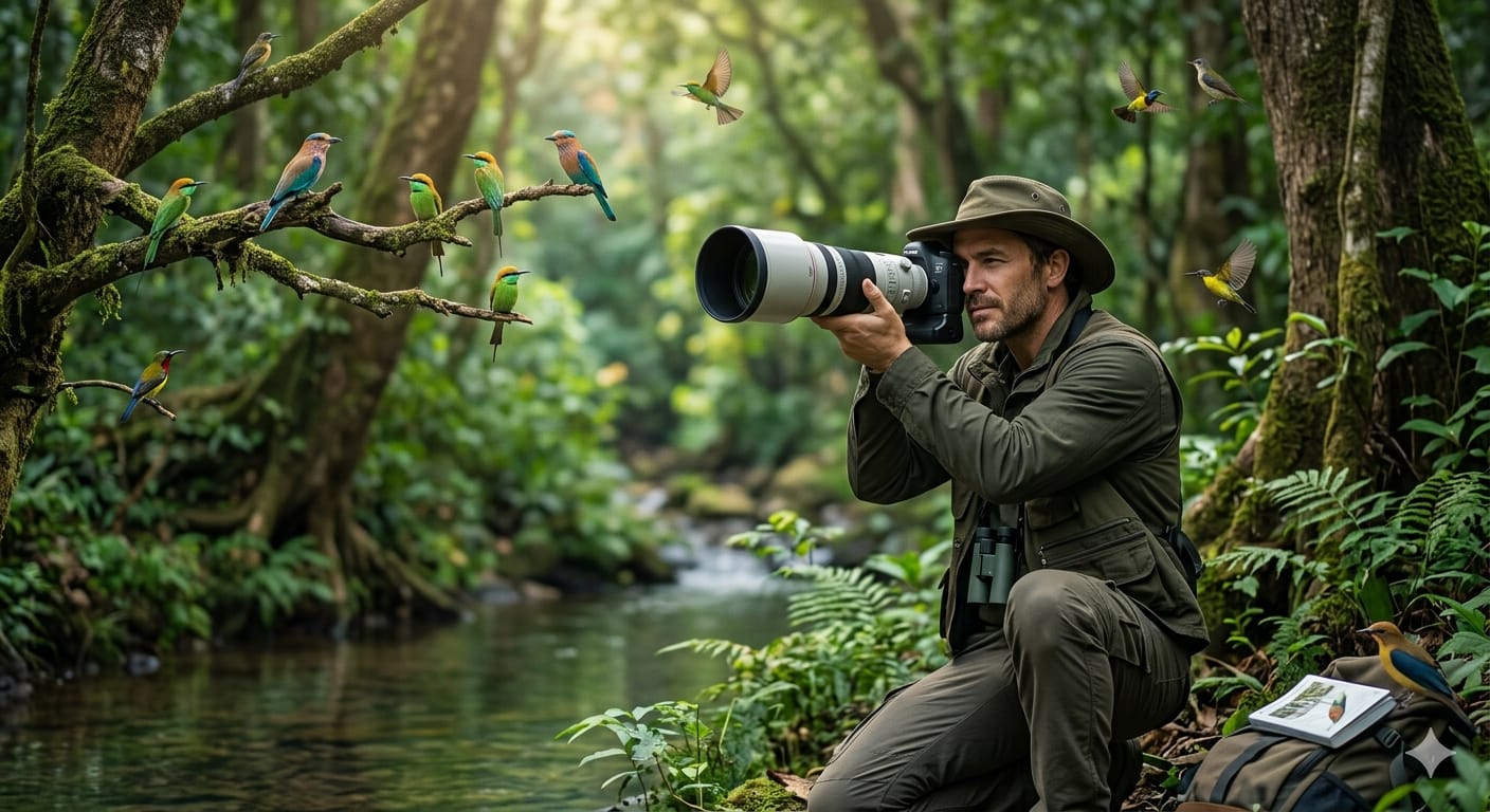 A professional photographer in a lush jungle, capturing the…