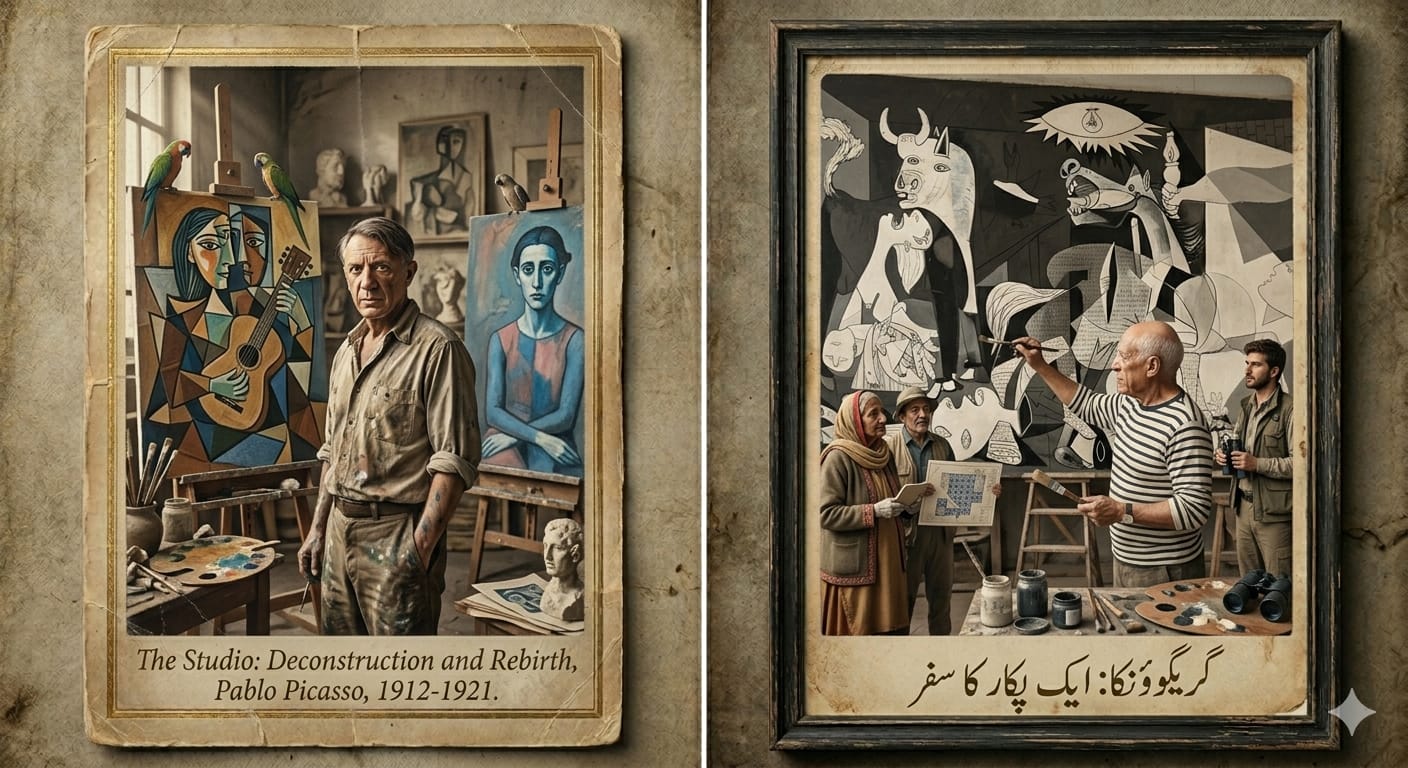 Vintage-style portrait of Pablo Picasso in his studio…