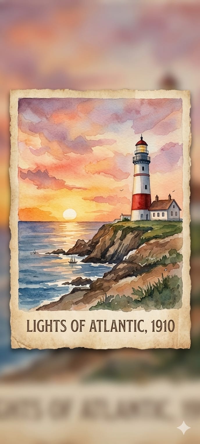 Vintage 1910 lighthouse watercolor. Soft sunset colors with…