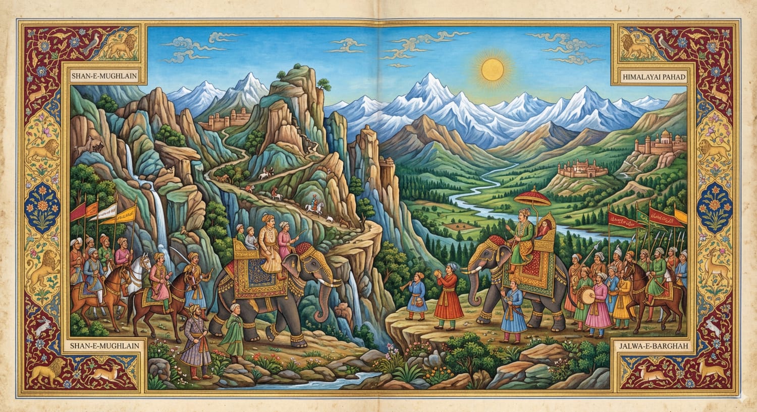 Majestic Mughal caravan travels through snowy peaks. This…