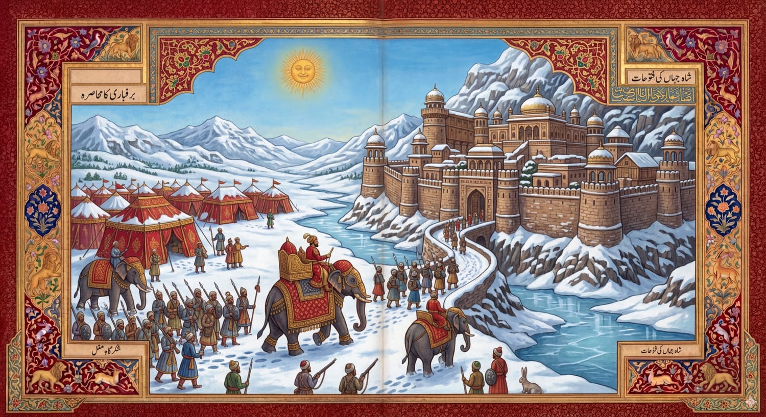 Mughal army sieges a snowy mountain fort. Royal tents and…